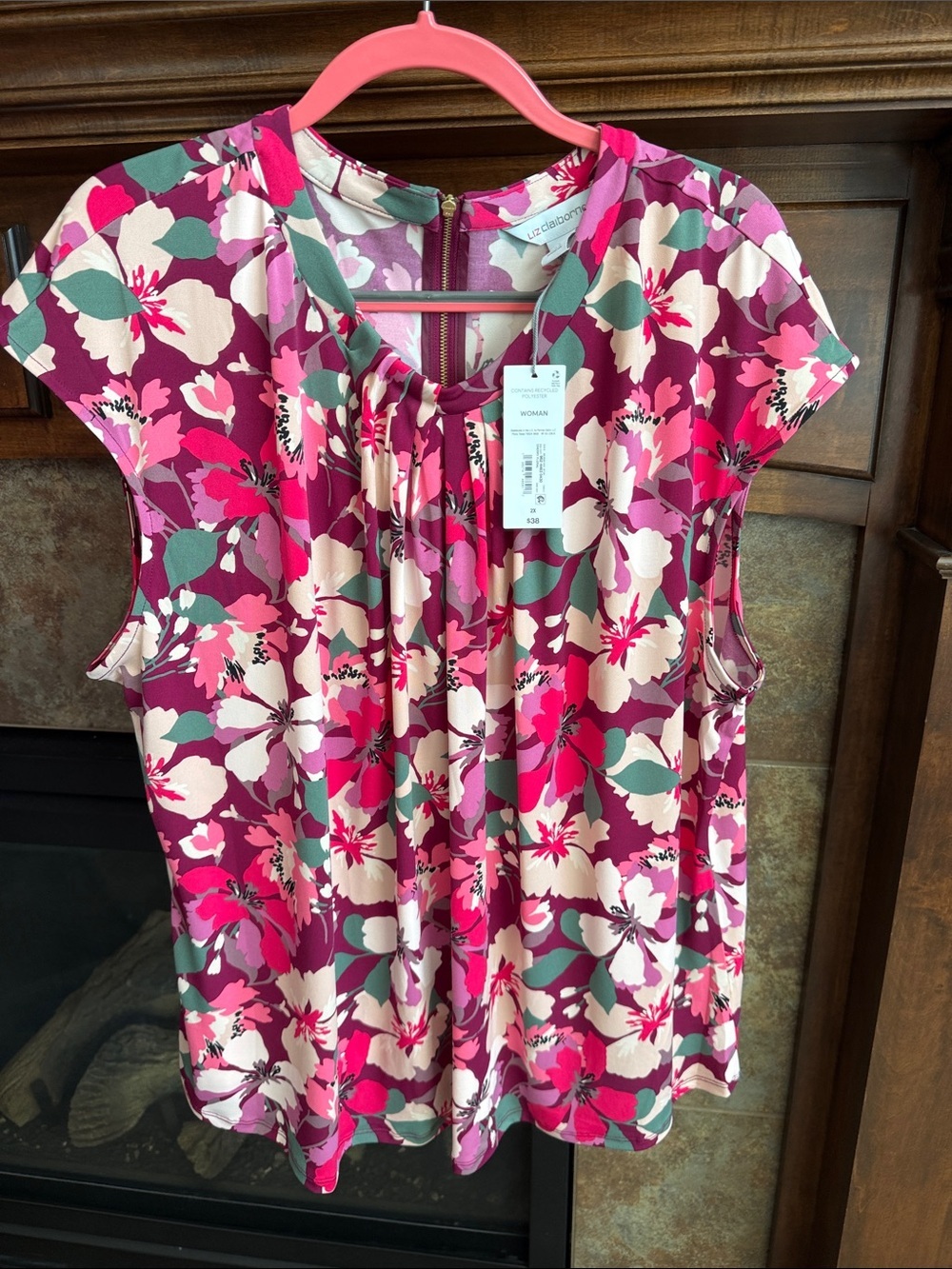 Floral Cap-Sleeve Shirt Top - Pink, Magenta, Cream 2X NWT flattering